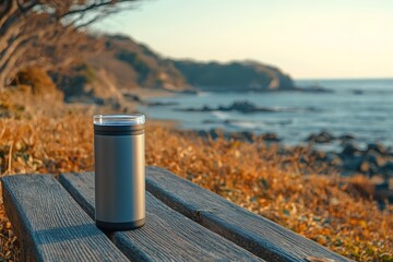 A stainless steel travel mug sits on a wooden bench overlooking a serene coastal landscape.