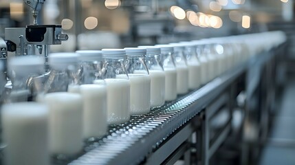 Obraz premium Milk Bottling Production Line Conveyor Belt Factory Manufacturing Process