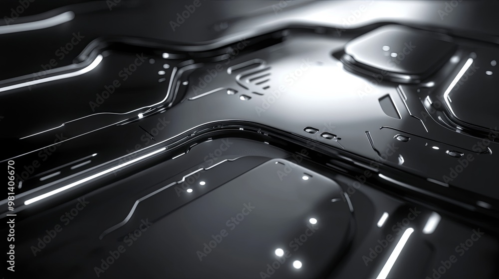Poster a close-up of a sleek, futuristic surface with intricate patterns and glowing lines, suggesting adva