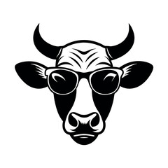 a black and white illustration of a cow's head. The cow has two large horns on its head and is wearing a pair of sunglasses