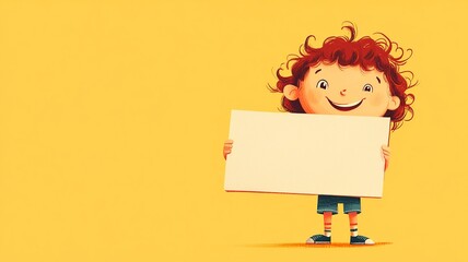 A happy child holding a blank sign, smiling brightly, with space on the sign for custom text. Perfect for kid-themed messages or announcements