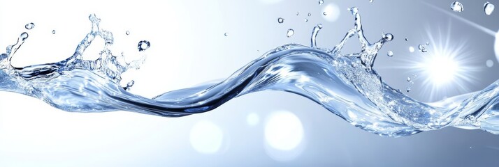 Water gracefully splashes and flows, reflecting bright light in a captivating display of movement and tranquility