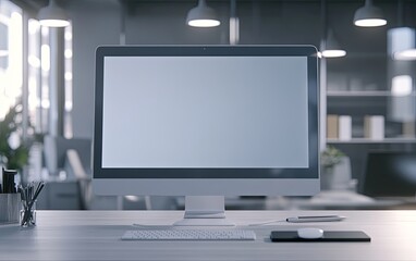 Naklejka premium A modern office setup featuring a blank computer screen on a desk, conveying a professional and organized workspace.