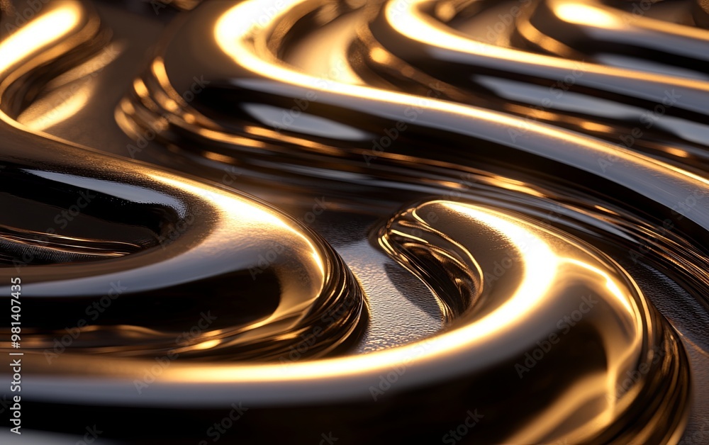 Poster a close-up view of glossy, flowing metallic waves reflecting light, creating an abstract and visuall