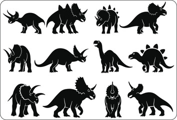 Digital illustration of a set of silhouettes of dinosaurs on a white background, Big set of dinosaurs silhouettes.