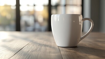 Fototapeta premium A simple white mug sits on a wooden table, illuminated by soft natural light, suggesting a cozy atmosphere.