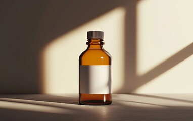 A simple amber glass bottle with a blank label, illuminated by soft light and shadows.