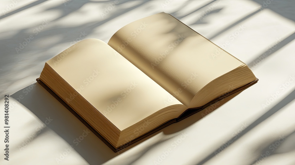 Poster an open book rests on a surface, illuminated by soft shadows, inviting reading and reflection.