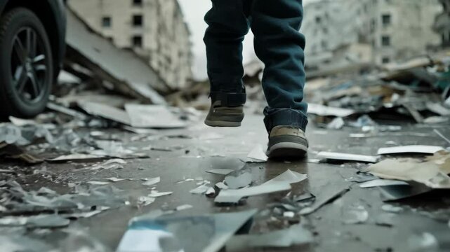 Child walking through debris in a war-torn area, highlighting the impact of conflict on vulnerable communities