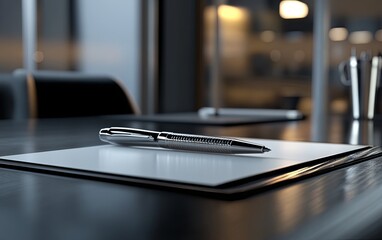 A sleek pen rests on a blank notepad, symbolizing business discussions in a modern office setting.