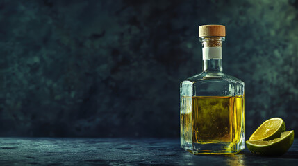 A bottle of Mexican tequila, ready for a margarita, sits on a dark table. The image has a vintage look and a space for adding text.