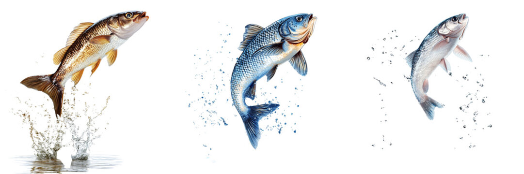 Set of A fish jumping out of water isolated on transparent background
