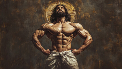 A muscular depiction of Jesus in a bodybuilder pose, standing before an ancient mural
