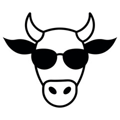 a black and white illustration of a cow's head. The cow has two large horns on its head and is wearing a pair of sunglasses