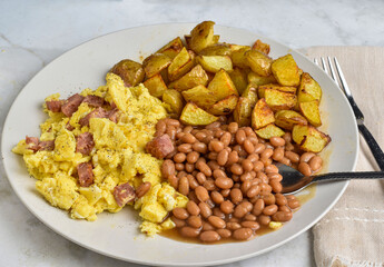 scramble eggs top with spam  with baked beans