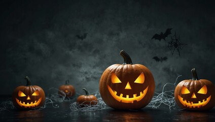 Glowing pumpkins and cobwebs on a spooky gray gradient.