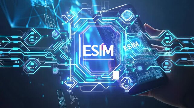 Futuristic eSIM technology concept with digital circuit and holographic interface