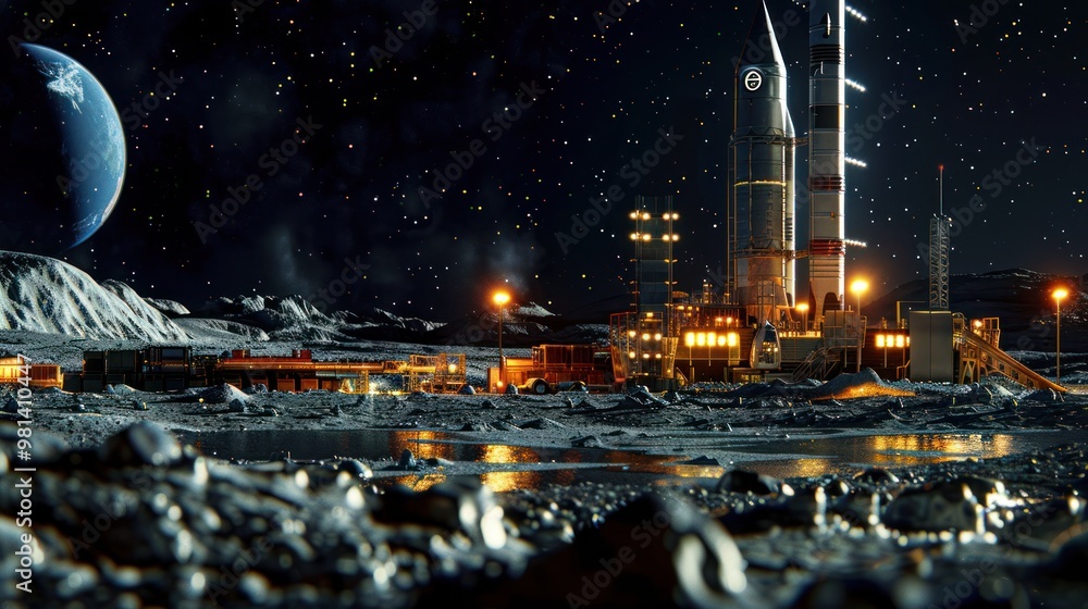 Poster Lunar Base with Rocket Launch Site