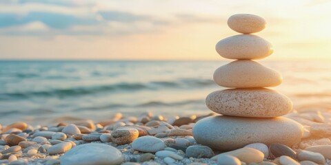 Balanced Stones on a Tranquil Beach at Sunset