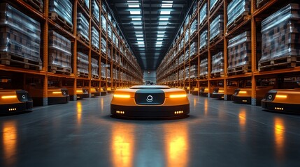 Autonomous guided vehicles operate in a busy warehouse environment during daylight hours