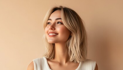 portrait of beautiful caucasian smiling woman with blond hair on beige color background with copy space, natural beauty