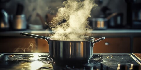 Steam Rising from a Cooking Pot on a Stove in a Home Kitchen