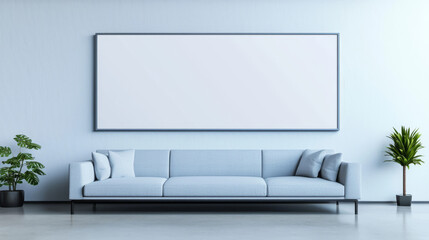 A minimalist living room with a large blank frame above a light grey sofa.