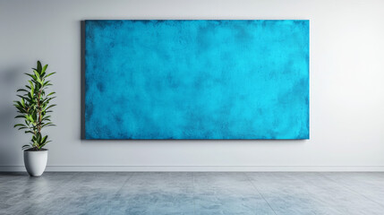 A large blue canvas hangs on a white wall, ready for a new masterpiece.
