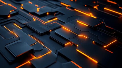 Obraz premium A close-up view of a dark, futuristic surface with glowing orange lines and geometric shapes, suggesting advanced technology.