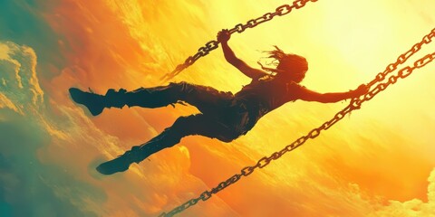 Silhouette of Person Swinging on Chains Against Vibrant Sunset Sky