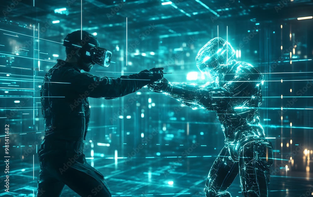 Poster futuristic confrontation between a person and a robot in a high-tech digital environment, showcasing
