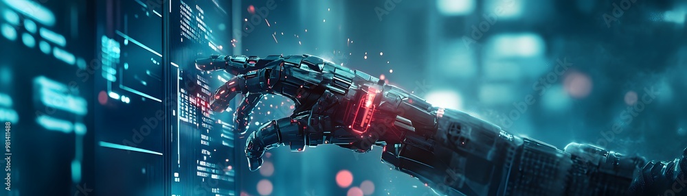 Aufkleber futuristic robotic hand interacting with a digital interface, showcasing advanced technology and cyb