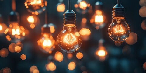 Illuminated Vintage Light Bulbs Against a Blurred Background of Glowing Lights