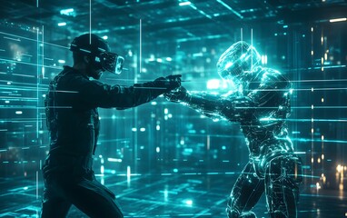 Obraz premium Futuristic confrontation between a person and a robot in a high-tech digital environment, showcasing advanced technology and virtual reality.