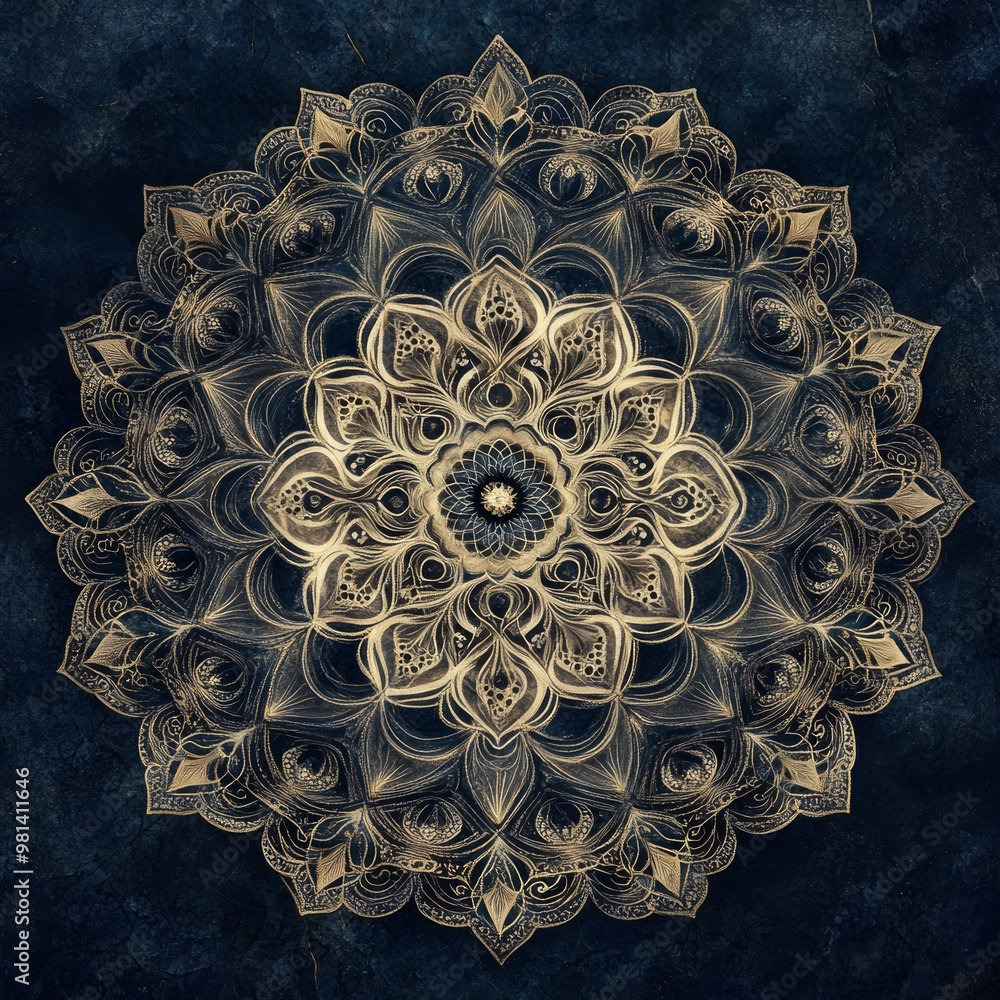 Canvas Prints Intricate golden mandala design on a dark blue background.