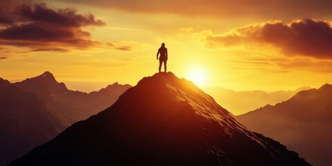 Silhouette of a Lone Adventurer at Sunrise on Mountain Peak