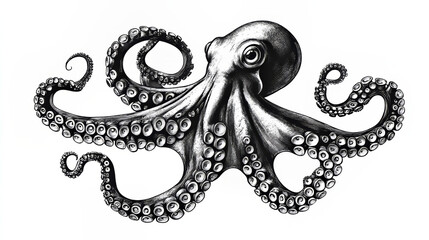 Obraz premium A detailed drawing of an octopus tentacle, perfect for a seafood-themed t-shirt design. The illustration is done in black and white, giving it a vintage, engraved look.