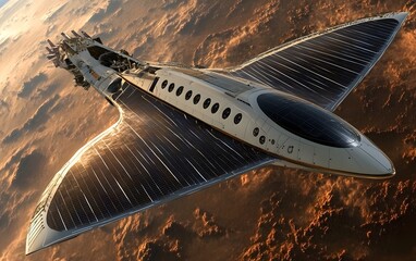 Futuristic spaceship soaring above dramatic clouds, showcasing innovative design and solar technology in stunning space landscape.