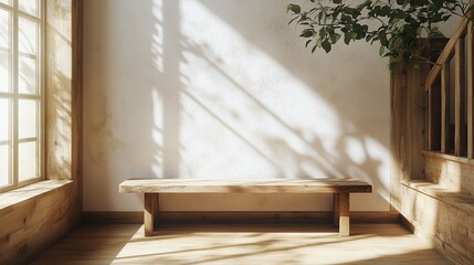 natural wood bench by window and staircase perfect for cozy indoor seating and stylish decor in an elegant and peaceful home interior