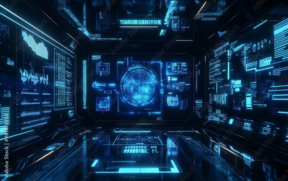 Poster a futuristic digital interface showcasing data visualization and a central globe, emphasizing techno