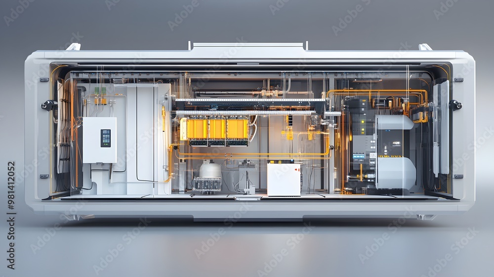 Poster modern industrial container showcasing advanced technology and complex machinery. ideal for innovati