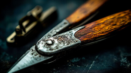 beautiful knife with wooden handle in black studio