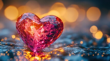 A pink crystal heart sits on a rock with a blurred background of sparkling golden lights.