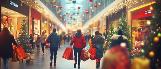 Obraz premium A bustling shopping street adorned with Christmas decorations and festive lights, filled with joyful holiday shoppers.