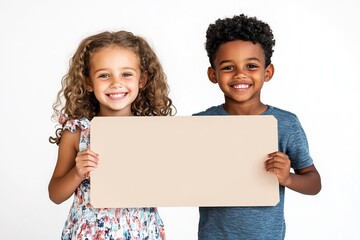 A happy child holding a blank sign, smiling brightly, with space on the sign for custom text. Perfect for kid-themed messages or announcements