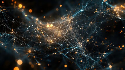 Abstract background with a web of light and golden bokeh.