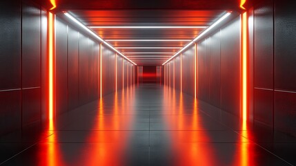 A futuristic corridor illuminated by red and white lights, creating a sleek and modern atmosphere.