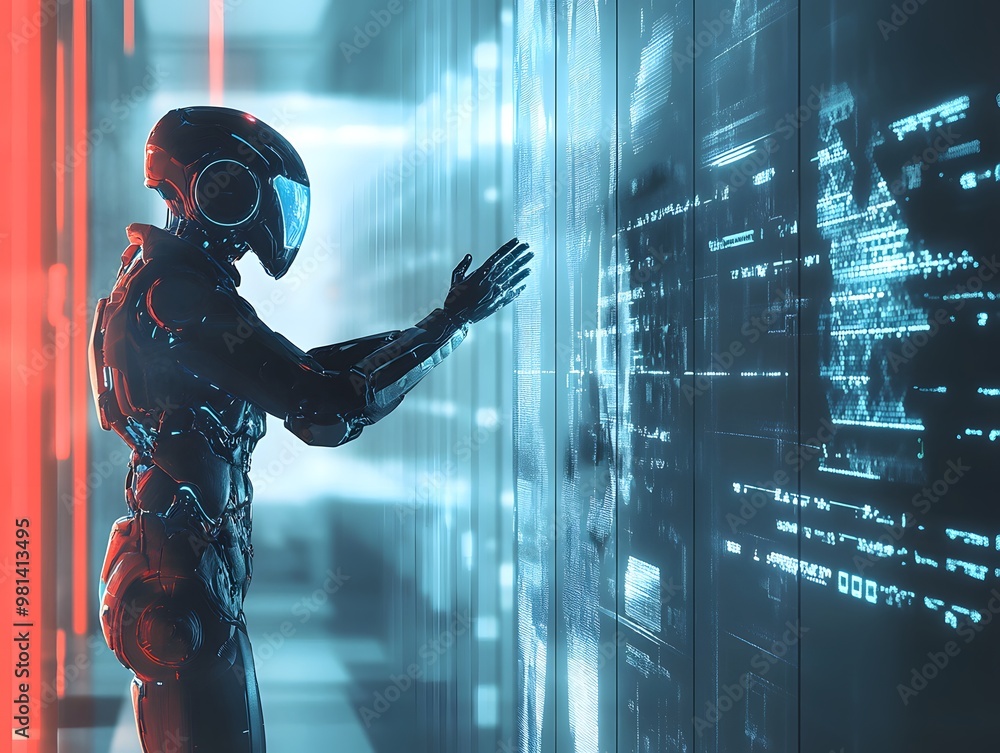 Aufkleber a futuristic robot interacts with holographic data in a high-tech environment, showcasing advanced t