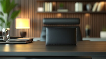 A sleek black desk with a modern design, featuring a wallet, books, and a glass of water, set in a stylish office environment.