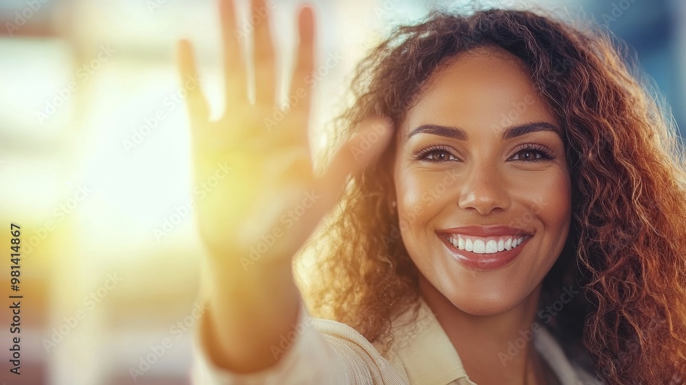 Sticker A woman with curly hair is smiling and waving at the camera